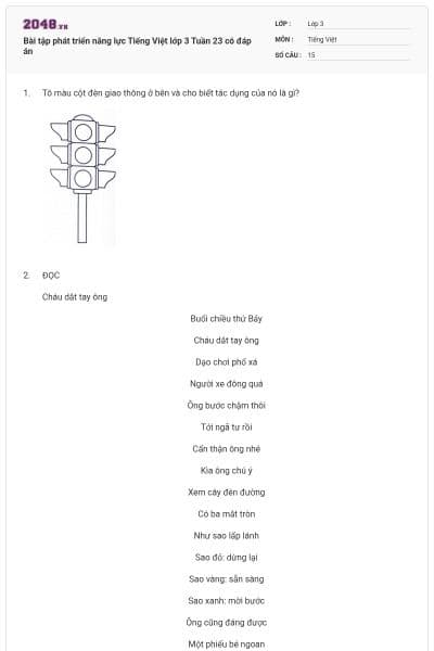 Bài tập phát triển năng lực Tiếng Việt lớp 3 Tuần 23 có đáp án