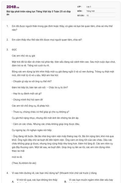 Bài tập phát triển năng lực Tiếng Việt lớp 3 Tuần 25 có đáp án