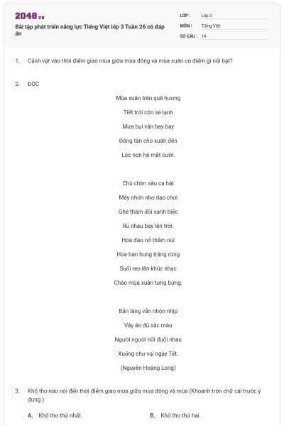 Bài tập phát triển năng lực Tiếng Việt lớp 3 Tuần 26 có đáp án