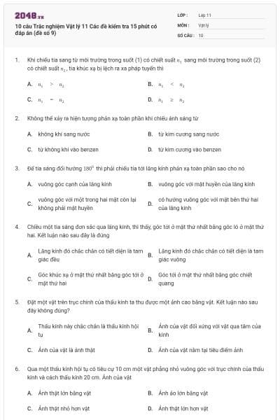 10 câu Trắc nghiệm Vật lý 11 Các đề kiểm tra 15 phút có đáp án (đề số 9)
