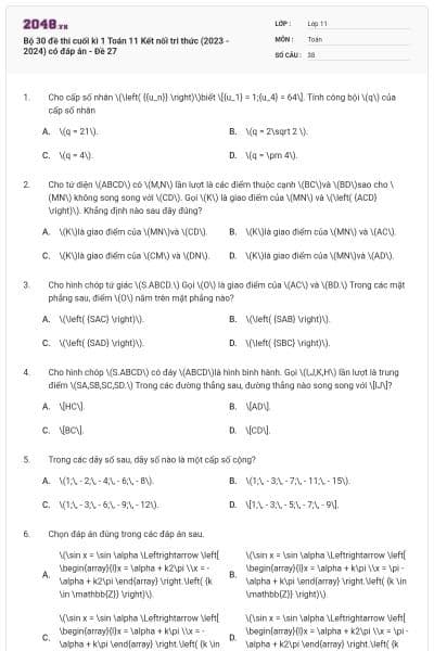 Bộ 30 đề thi cuối kì 1 Toán 11 Kết nối tri thức (2023 - 2024) có đáp án - Đề 27