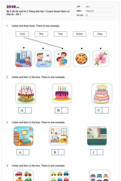 Bộ 5 đề thi cuối kì 2 Tiếng Anh lớp 1 iLearn Smart Start có đáp án - Đề 1