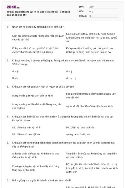 10 câu Trắc nghiệm Vật lý 11 Các đề kiểm tra 15 phút có đáp án (đề số 10)