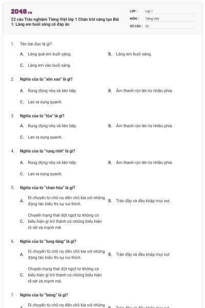 22 câu Trắc nghiệm Tiếng Việt lớp 1 Chân trời sáng tạo Bài 1: Làng em buổi sáng có đáp án