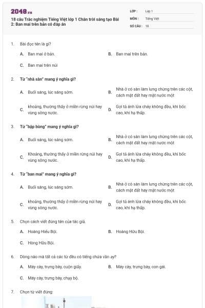 18 câu Trắc nghiệm Tiếng Việt lớp 1 Chân trời sáng tạo Bài 2: Ban mai trên bản có đáp án