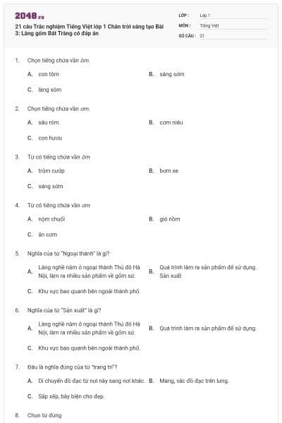 21 câu Trắc nghiệm Tiếng Việt lớp 1 Chân trời sáng tạo Bài 3: Làng gốm Bát Tràng có đáp án