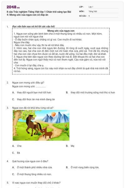 8 câu Trắc nghiệm Tiếng Việt lớp 1 Chân trời sáng tạo Bài 4: Mong ước của ngựa con có đáp án