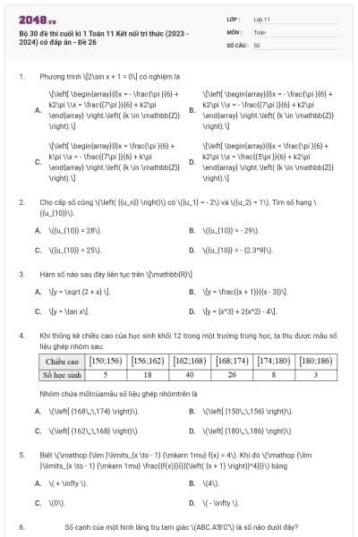 Bộ 30 đề thi cuối kì 1 Toán 11 Kết nối tri thức (2023 - 2024) có đáp án - Đề 26