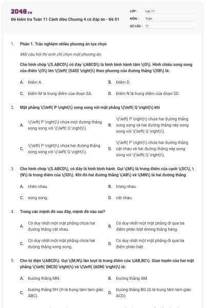 Đề kiểm tra Toán 11 Cánh diều Chương 4 có đáp án - Đề 01