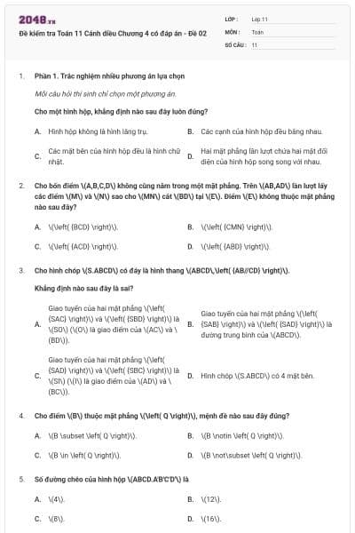 Đề kiểm tra Toán 11 Cánh diều Chương 4 có đáp án - Đề 02