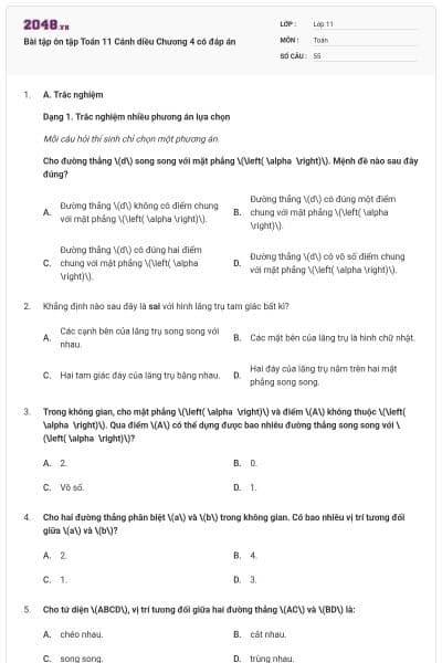 Bài tập ôn tập Toán 11 Cánh diều Chương 4 có đáp án