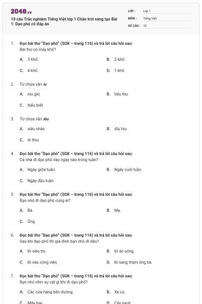 10 câu Trắc nghiệm Tiếng Việt lớp 1 Chân trời sáng tạo Bài 1: Dạo phố có đáp án