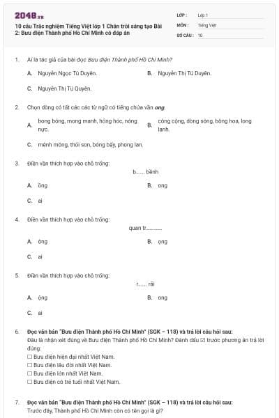 10 câu Trắc nghiệm Tiếng Việt lớp 1 Chân trời sáng tạo Bài 2: Bưu điện Thành phố Hồ Chí Minh có đáp án
