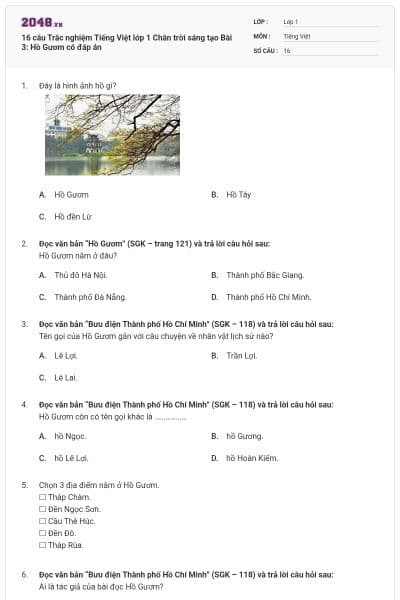 16 câu Trắc nghiệm Tiếng Việt lớp 1 Chân trời sáng tạo Bài 3: Hồ Gươm có đáp án