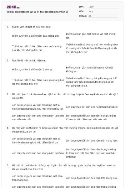 90 câu Trắc nghiệm Vật Lí 11 Mắt (có đáp án) (Phần 2)