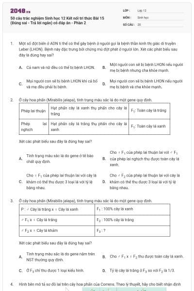50 câu trắc nghiệm Sinh học 12 Kết nối tri thức Bài 15 (Đúng sai - Trả lời ngắn) có đáp án - Phần 2