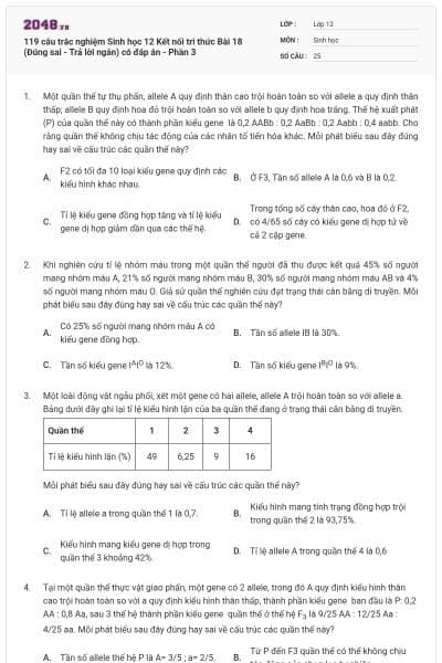 119 câu trắc nghiệm Sinh học 12 Kết nối tri thức Bài 18 (Đúng sai - Trả lời ngắn) có đáp án - Phần 3