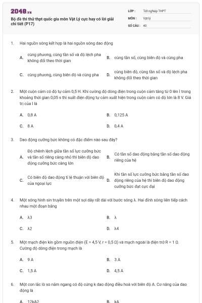 Bộ đề thi thử thpt quốc gia môn Vật Lý cực hay có lời giải chi tiết (P17)