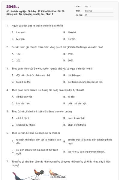 66 câu trắc nghiệm Sinh học 12 Kết nối tri thức Bài 20 (Đúng sai - Trả lời ngắn) có đáp án - Phần 1
