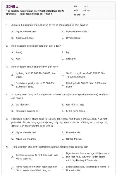 160 câu trắc nghiệm Sinh học 12 Kết nối tri thức Bài 22 (Đúng sai - Trả lời ngắn) có đáp án - Phần 4