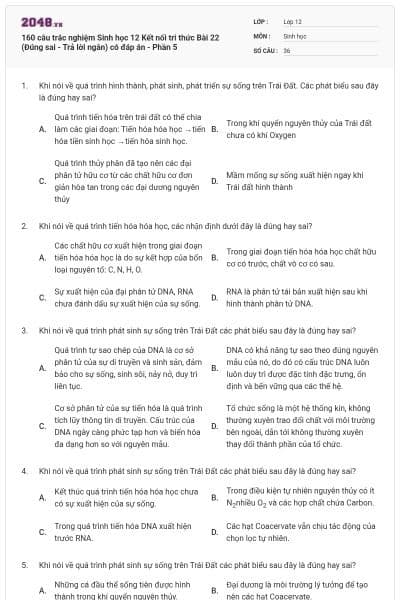 160 câu trắc nghiệm Sinh học 12 Kết nối tri thức Bài 22 (Đúng sai - Trả lời ngắn) có đáp án - Phần 5