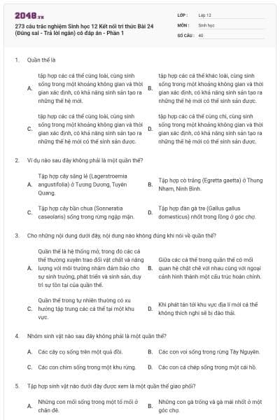 273 câu trắc nghiệm Sinh học 12 Kết nối tri thức Bài 24 (Đúng sai - Trả lời ngắn) có đáp án - Phần 1