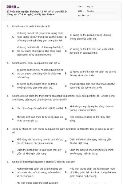 273 câu trắc nghiệm Sinh học 12 Kết nối tri thức Bài 24 (Đúng sai - Trả lời ngắn) có đáp án - Phần 4