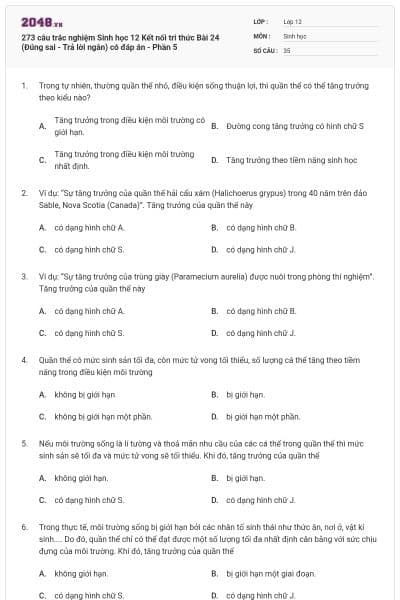 273 câu trắc nghiệm Sinh học 12 Kết nối tri thức Bài 24 (Đúng sai - Trả lời ngắn) có đáp án - Phần 5