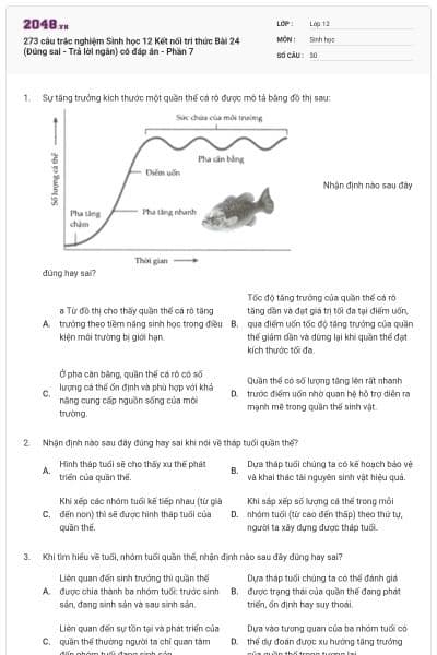 273 câu trắc nghiệm Sinh học 12 Kết nối tri thức Bài 24 (Đúng sai - Trả lời ngắn) có đáp án - Phần 7