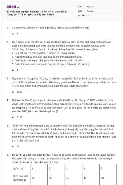 273 câu trắc nghiệm Sinh học 12 Kết nối tri thức Bài 24 (Đúng sai - Trả lời ngắn) có đáp án - Phần 8