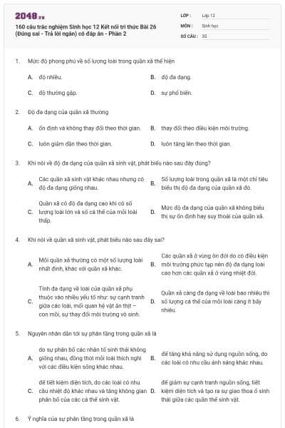 160 câu trắc nghiệm Sinh học 12 Kết nối tri thức Bài 26 (Đúng sai - Trả lời ngắn) có đáp án - Phần 2
