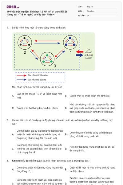 160 câu trắc nghiệm Sinh học 12 Kết nối tri thức Bài 26 (Đúng sai - Trả lời ngắn) có đáp án - Phần 4