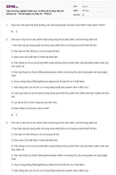 160 câu trắc nghiệm Sinh học 12 Kết nối tri thức Bài 26 (Đúng sai - Trả lời ngắn) có đáp án - Phần 5