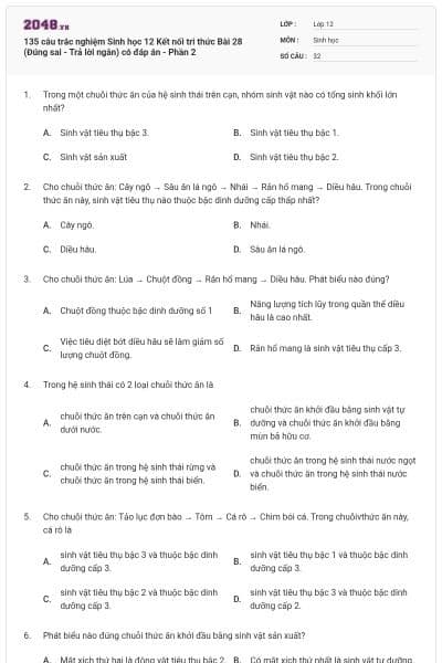 135 câu trắc nghiệm Sinh học 12 Kết nối tri thức Bài 28 (Đúng sai - Trả lời ngắn) có đáp án - Phần 2