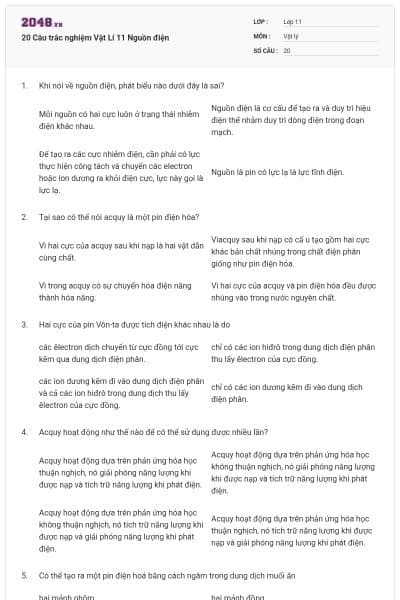 20 Câu trắc nghiệm Vật Lí 11 Nguồn điện