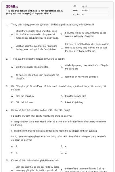 113 câu trắc nghiệm Sinh học 12 Kết nối tri thức Bài 30 (Đúng sai - Trả lời ngắn) có đáp án - Phần 2
