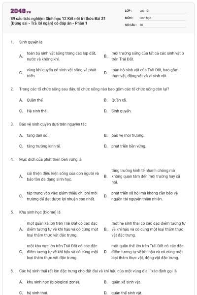 89 câu trắc nghiệm Sinh học 12 Kết nối tri thức Bài 31 (Đúng sai - Trả lời ngắn) có đáp án - Phần 1