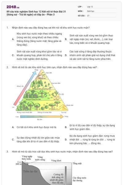 89 câu trắc nghiệm Sinh học 12 Kết nối tri thức Bài 31 (Đúng sai - Trả lời ngắn) có đáp án - Phần 3