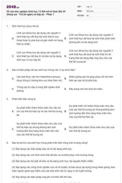 55 câu trắc nghiệm Sinh học 12 Kết nối tri thức Bài 34 (Đúng sai - Trả lời ngắn) có đáp án - Phần 1