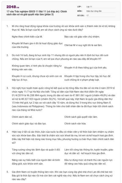 17 câu  Trắc nghiệm GDCD 11 Bài 11 (có đáp án): Chính sách dân số và giải quyết việc làm (phần 3)