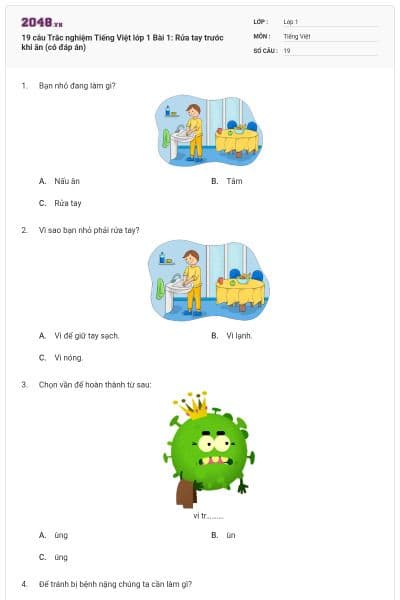 19 câu Trắc nghiệm Tiếng Việt lớp 1 Bài 1: Rửa tay trước khi ăn (có đáp án)