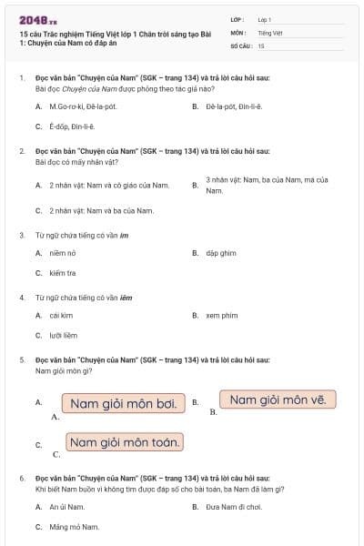15 câu Trắc nghiệm Tiếng Việt lớp 1 Chân trời sáng tạo Bài 1: Chuyện của Nam có đáp án