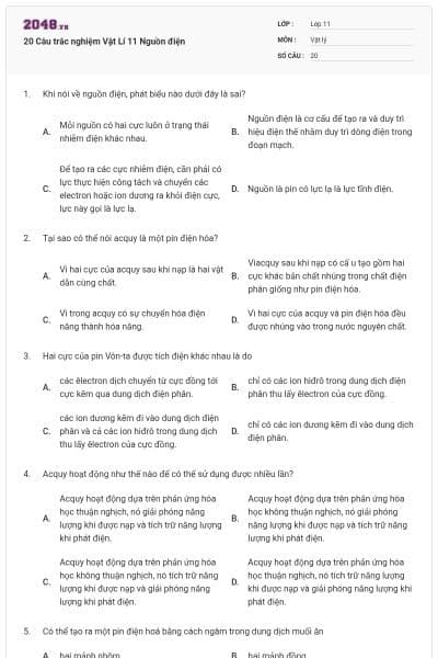 20 Câu trắc nghiệm Vật Lí 11 Nguồn điện