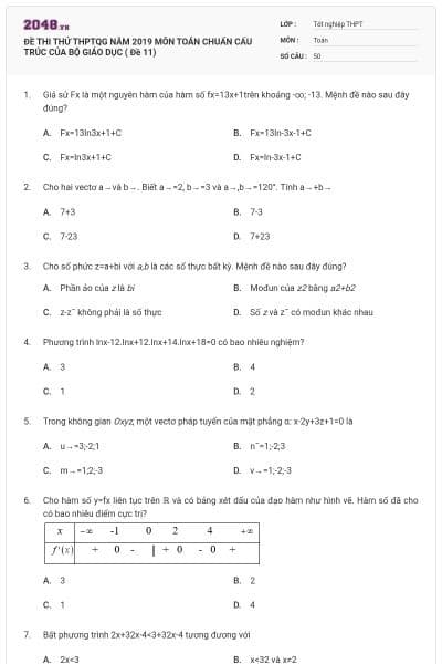 ĐỀ THI THỬ THPTQG NĂM 2019 MÔN TOÁN CHUẨN CẤU TRÚC CỦA BỘ GIÁO DỤC ( Đề 11)