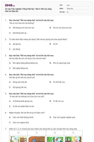 22 câu Trắc nghiệm Tiếng Việt lớp 1 Bài 3: Khi mẹ vắng nhà (có đáp án)