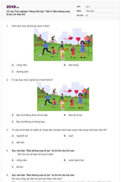 23 câu Trắc nghiệm Tiếng Việt lớp 1 Bài 4: Nếu không may bị lạc (có đáp án)