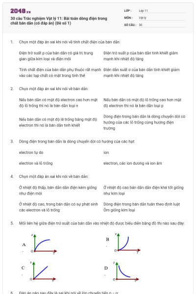 30 câu Trắc nghiệm Vật lý 11: Bài toán dòng điện trong chất bán dẫn (có đáp án) (Đề số 1)
