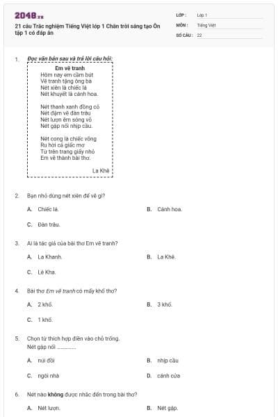 21 câu Trắc nghiệm Tiếng Việt lớp 1 Chân trời sáng tạo Ôn tập 1 có đáp án
