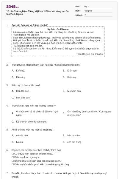 16 câu Trắc nghiệm Tiếng Việt lớp 1 Chân trời sáng tạo Ôn tập 2 có đáp án