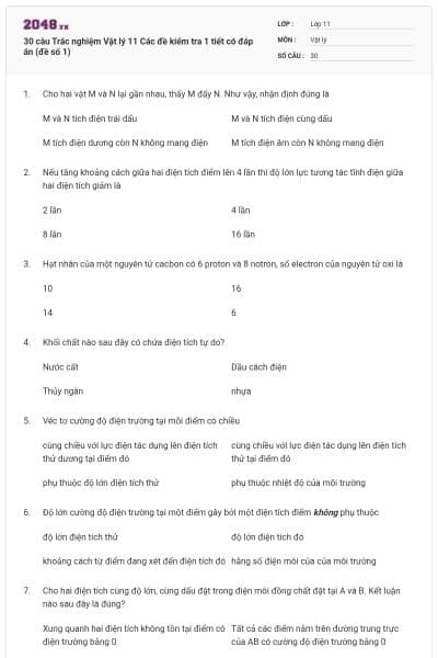 30 câu Trắc nghiệm Vật lý 11 Các đề kiểm tra 1 tiết có đáp án (đề số 1)